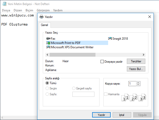 Windows 10 pdf oluşturma