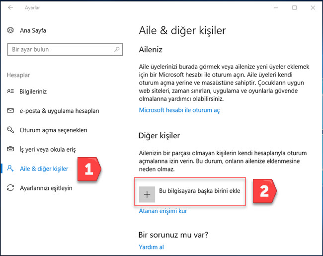 windows 10 kullanıcı hesabı ekleme