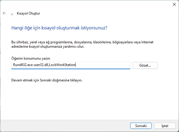 Windows masaüstü kısayolu ile kilitleme